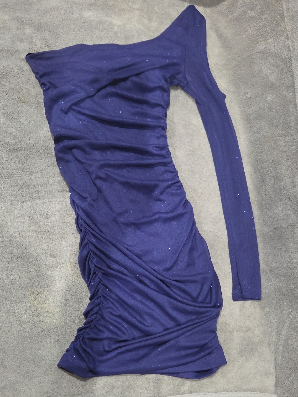 City Triangles One-Shoulder Ruched Mini Dress in Purple with Subtle Sparkle